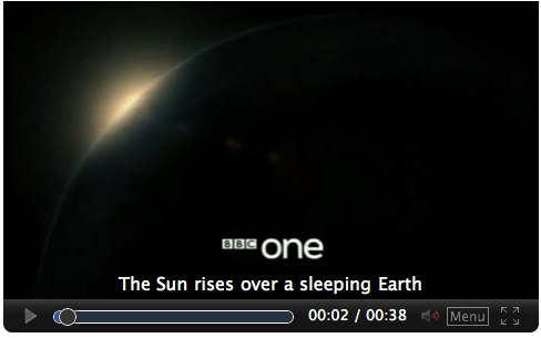 A screenshot of a preview of the video. The video frame is of the sun rising over a view of planet earth from space. At the bottom of the frame, the text "The Sun rises over a sleeping Earth" is shown as a subtitle.
